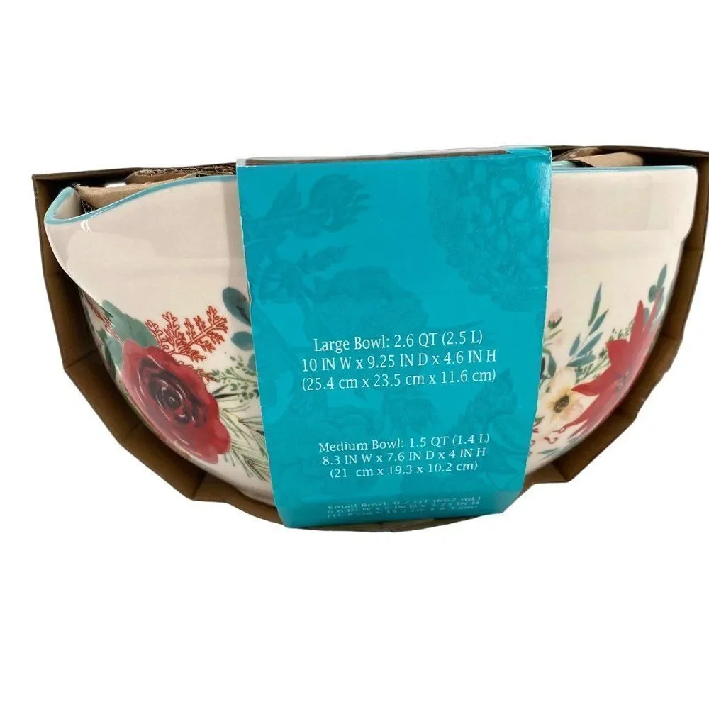 Pioneer Woman Wishful Winter Mixing Bowls With Spout Set New